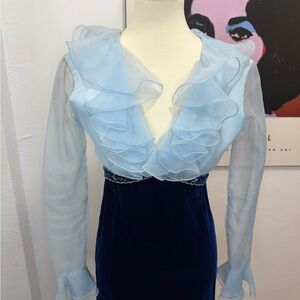 Late 60s–Early 70s Handmade Velvet Maxi Gown | Sheer Ruffle Bodice